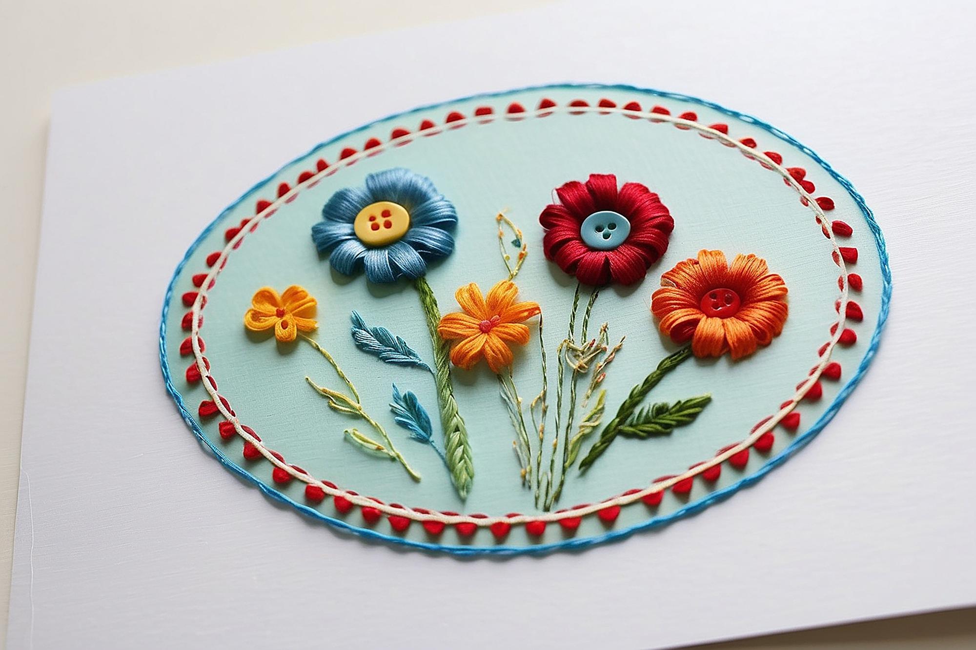 Series of embroidered patches on table